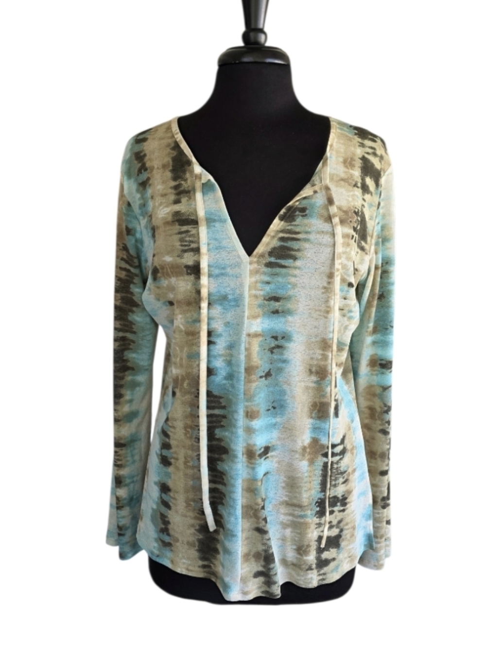 Vintage Mesh Y2K Karen Kane L? Blue and Tan Tie-Dye V-Neck Long Sleeve Top
